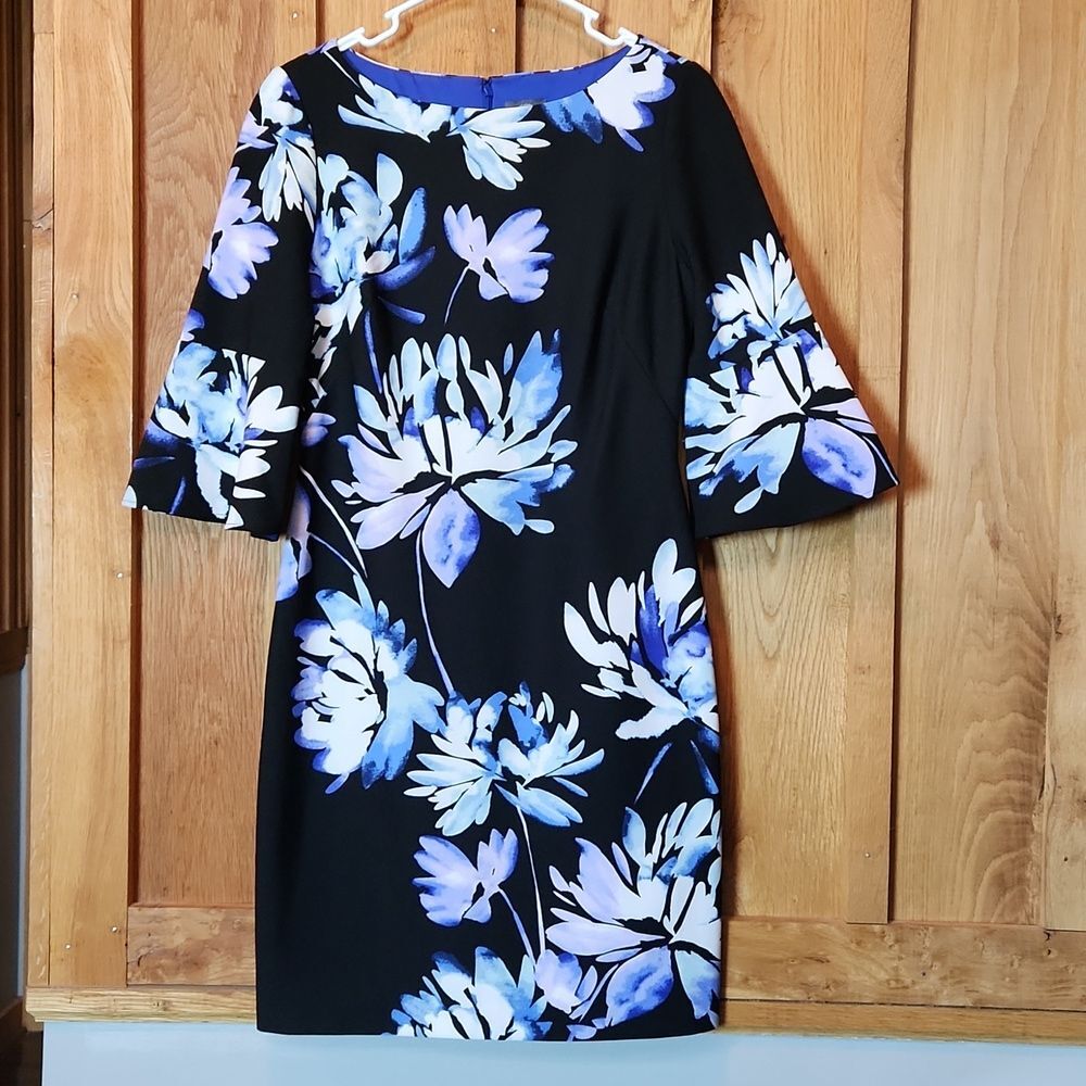 Vince Camuto Floral 3/4 Bell Sleeve  Midi Sheath Dress, Size 6, Black & Blue